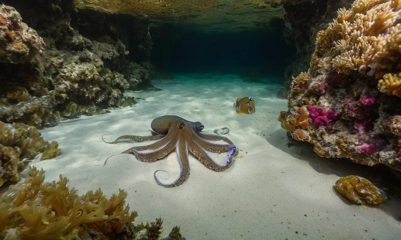 Una madre pulpo cuida sus huevos en el mar