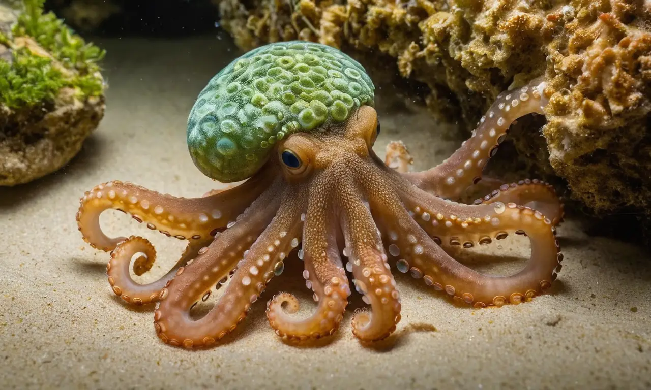 Cueva marina con pulpo cuidando huevos