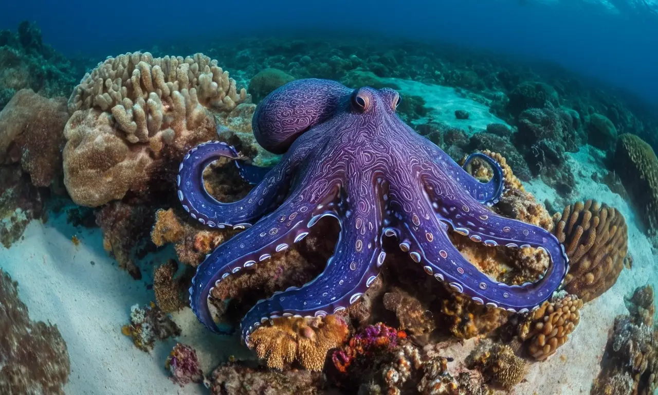 Octopus camuflado en vibrante escena submarina