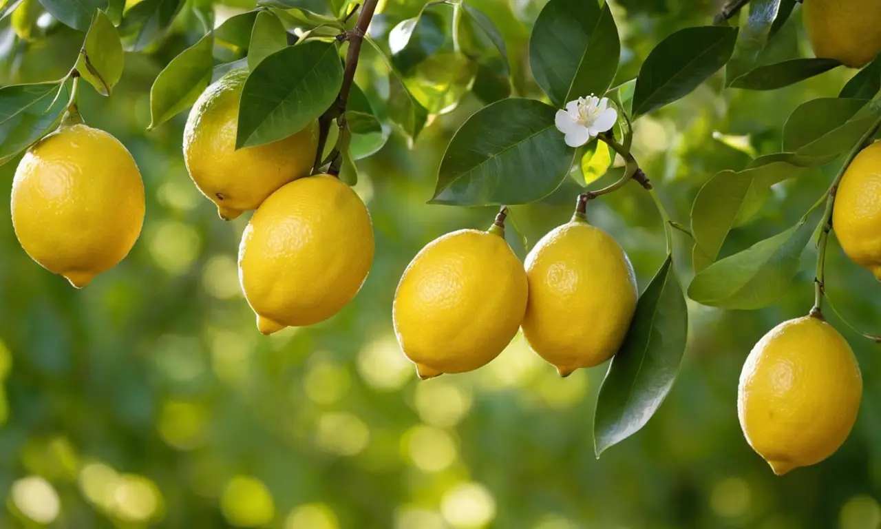 Huerto soleado con limones y follaje verde
