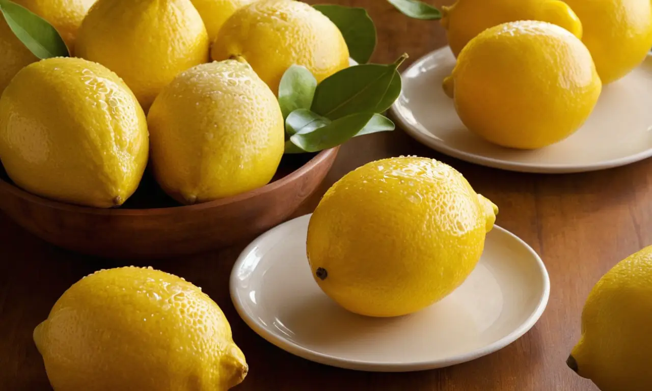 Limoneros brillantes sobre una mesa de madera