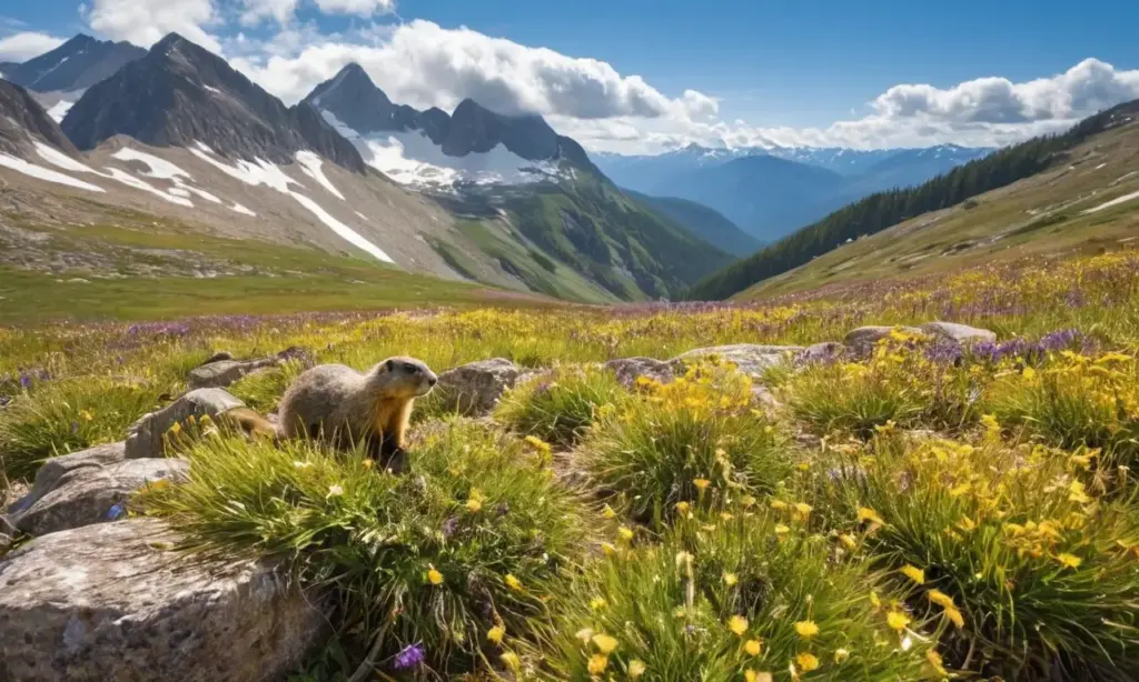Pradera alpina vibrante con una marmota curiosa