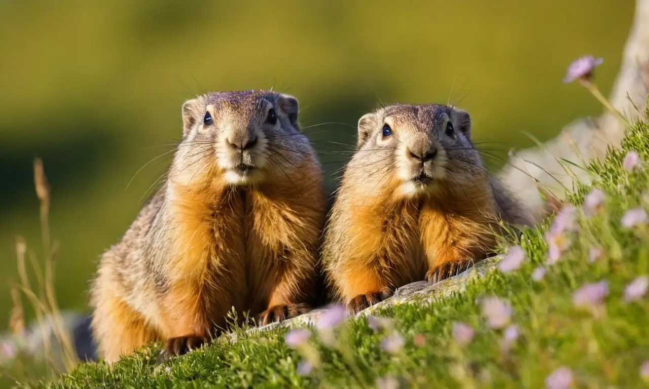 Pradera alpina serena con marmotas curiosas