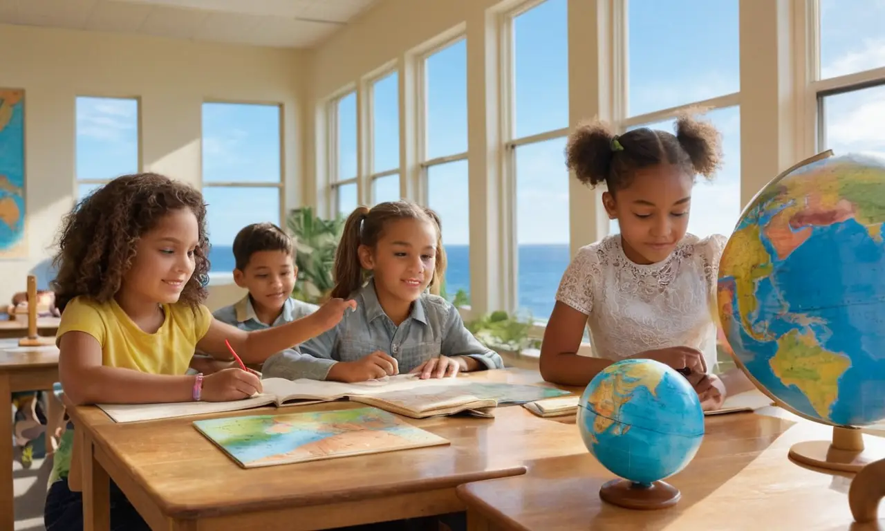 Aula vibrante con niños y mapas coloridos