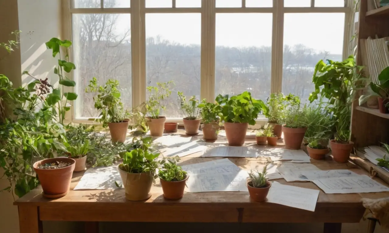 Sala iluminada con plantas y documentos variados