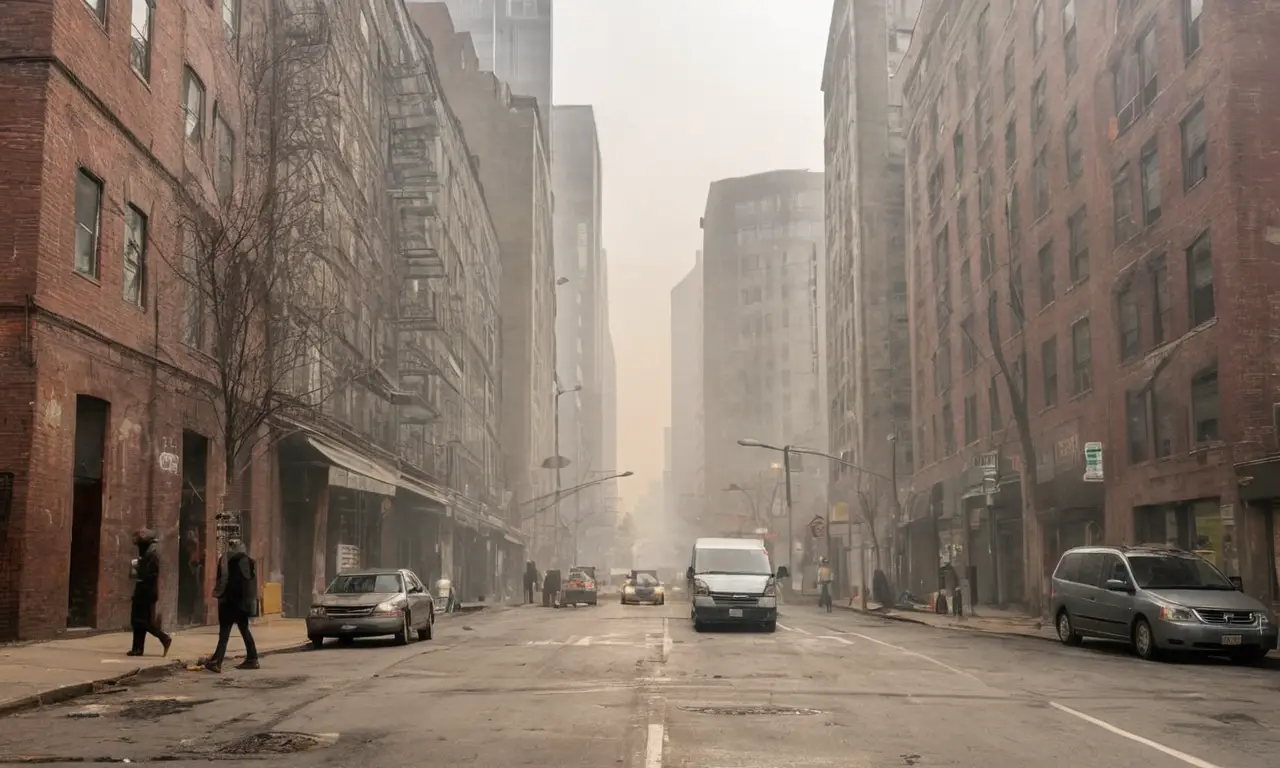 Escena urbana densa y contaminada en movimiento
