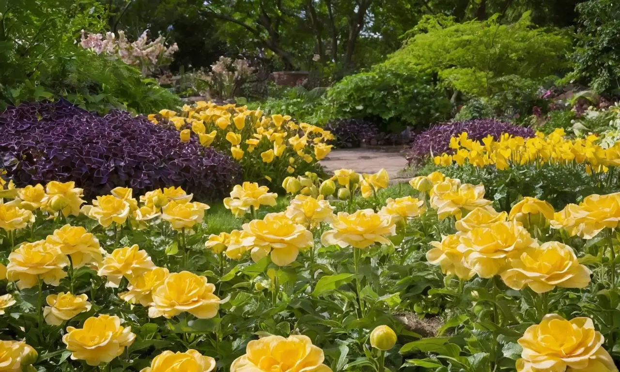 Jardín sereno con flores vibrantes y mariposas