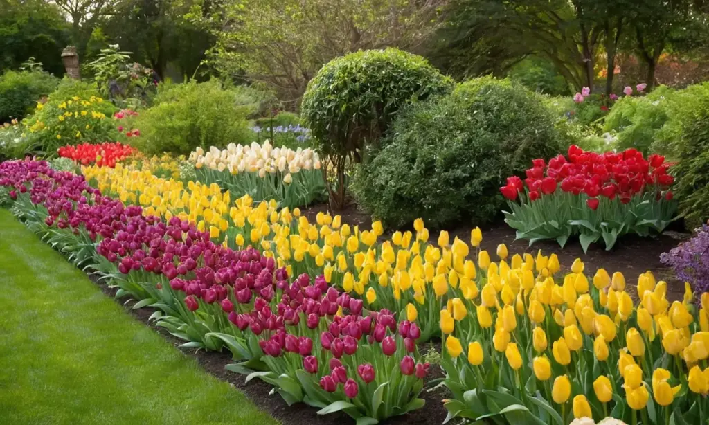 Jardín vibrante con bulbos floreciendo y colores vivos