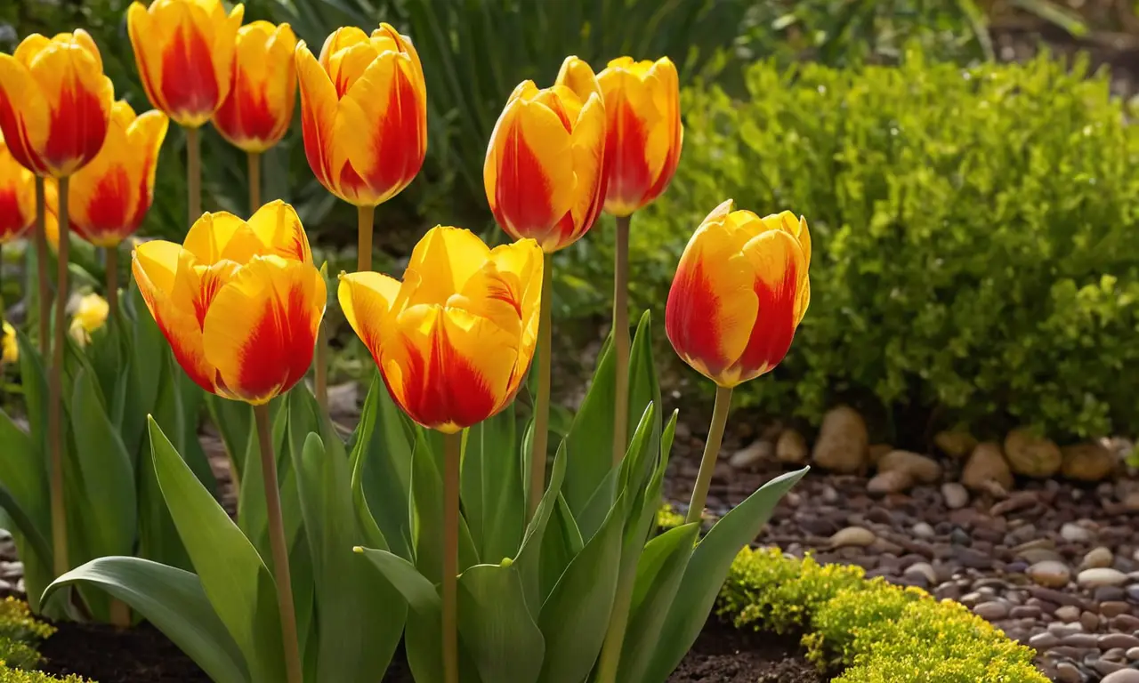Jardín vibrante con tulipanes y narcisos