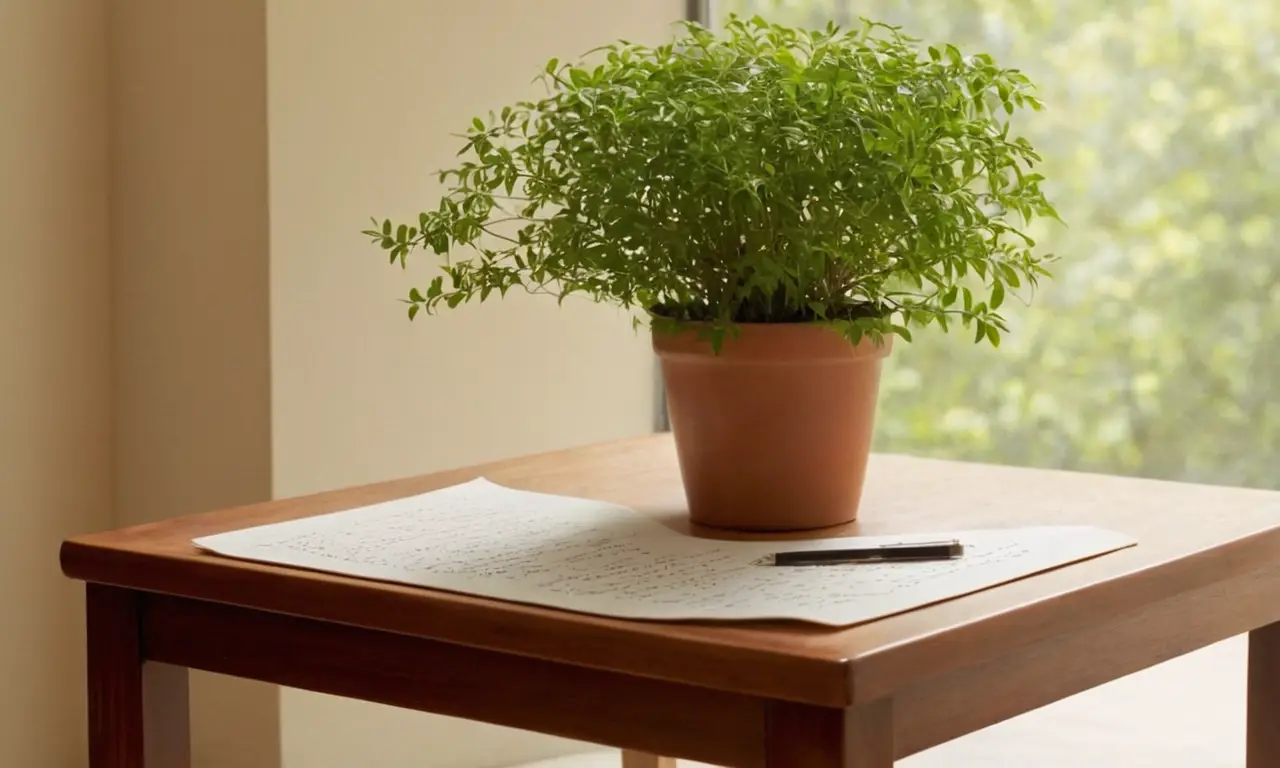 Mesa de madera con higrómetro y plantas