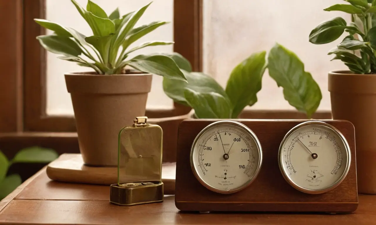 Mesa de madera con hygrometros y plantas