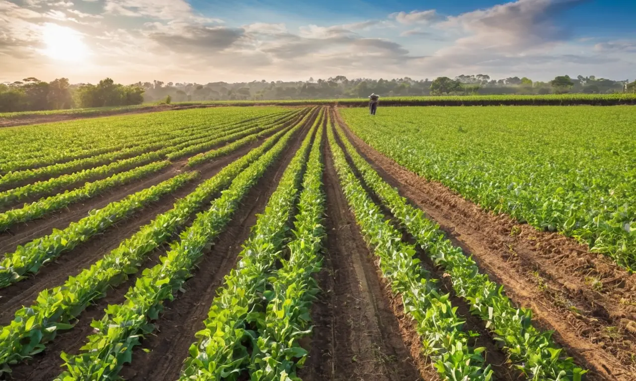 Campo agrícola vibrante y agricultor trabajando