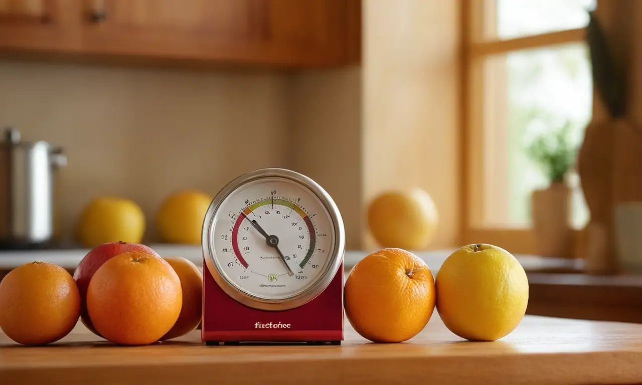 Higrómetro refleja luz entre frutas coloridas