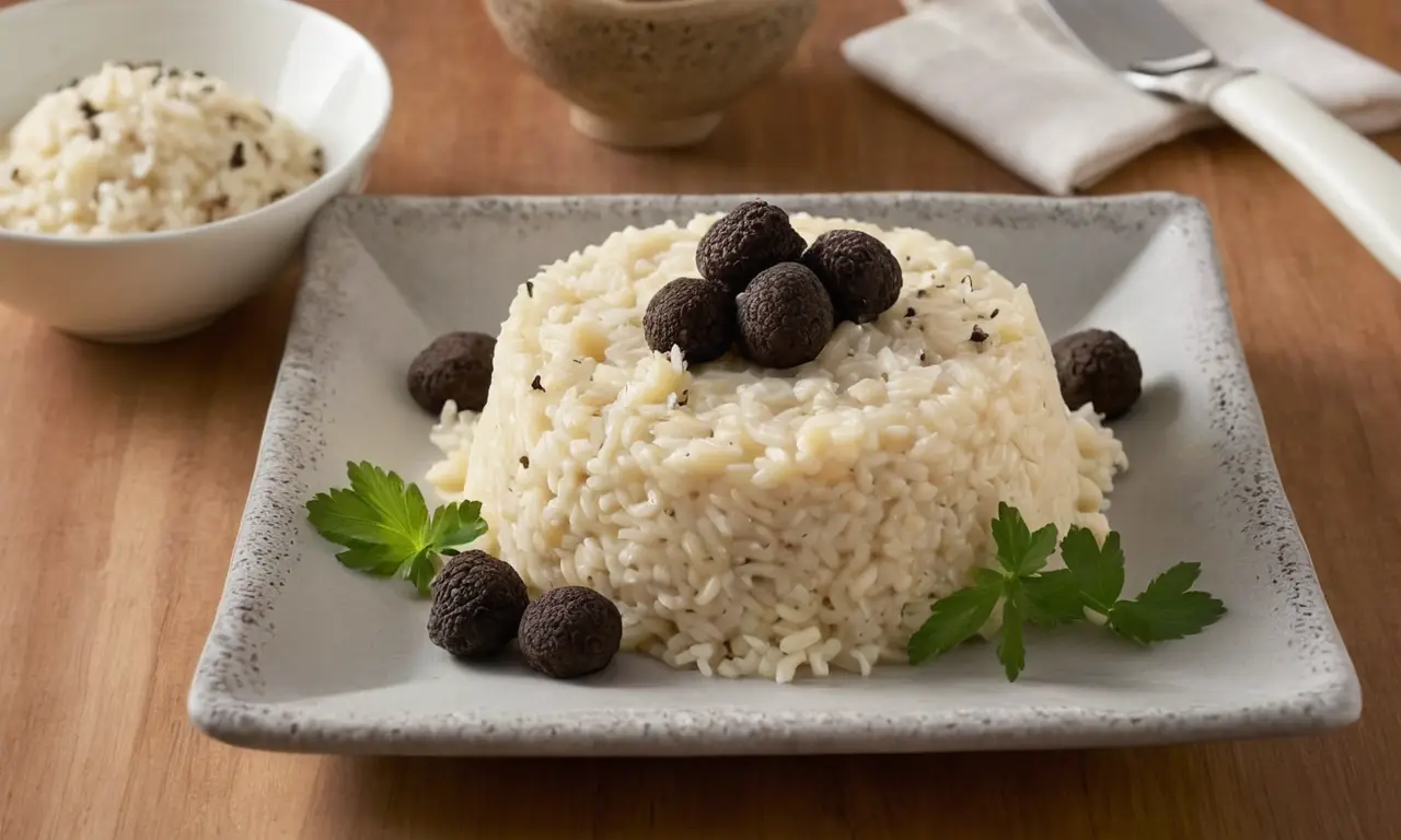 Una tabla de cortar con trufas y risotto