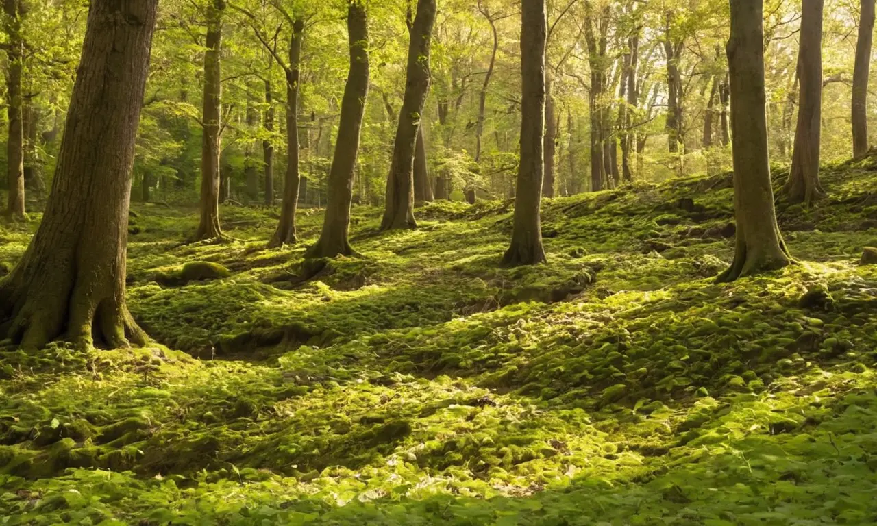 Bosque iluminado lleno de trufas y naturaleza