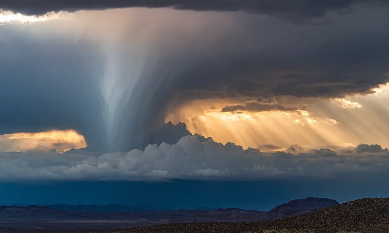 Virga delicada ilumina un paisaje tormentoso