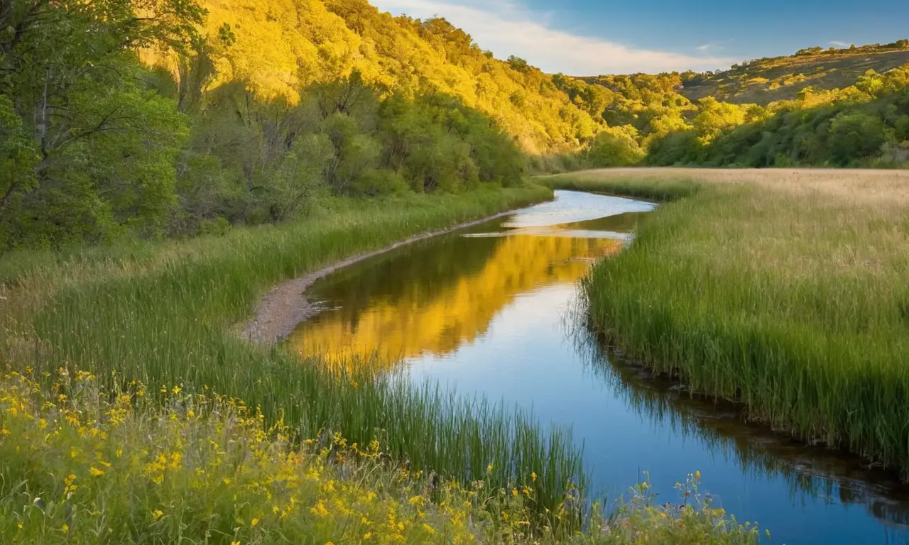 Río serpenteante con hermosa vegetación y luz