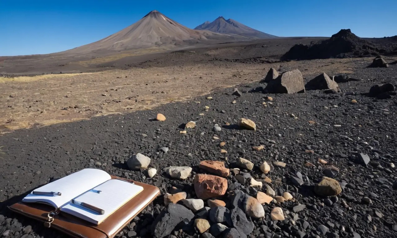 Paisaje volcánico con elementos científicos y humanos