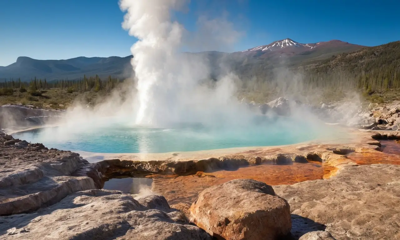 Géiser eruptante en un paisaje geotérmico