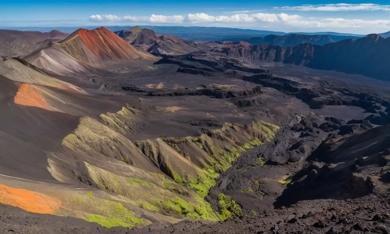 Paisaje volcánico con contrastes y vegetación