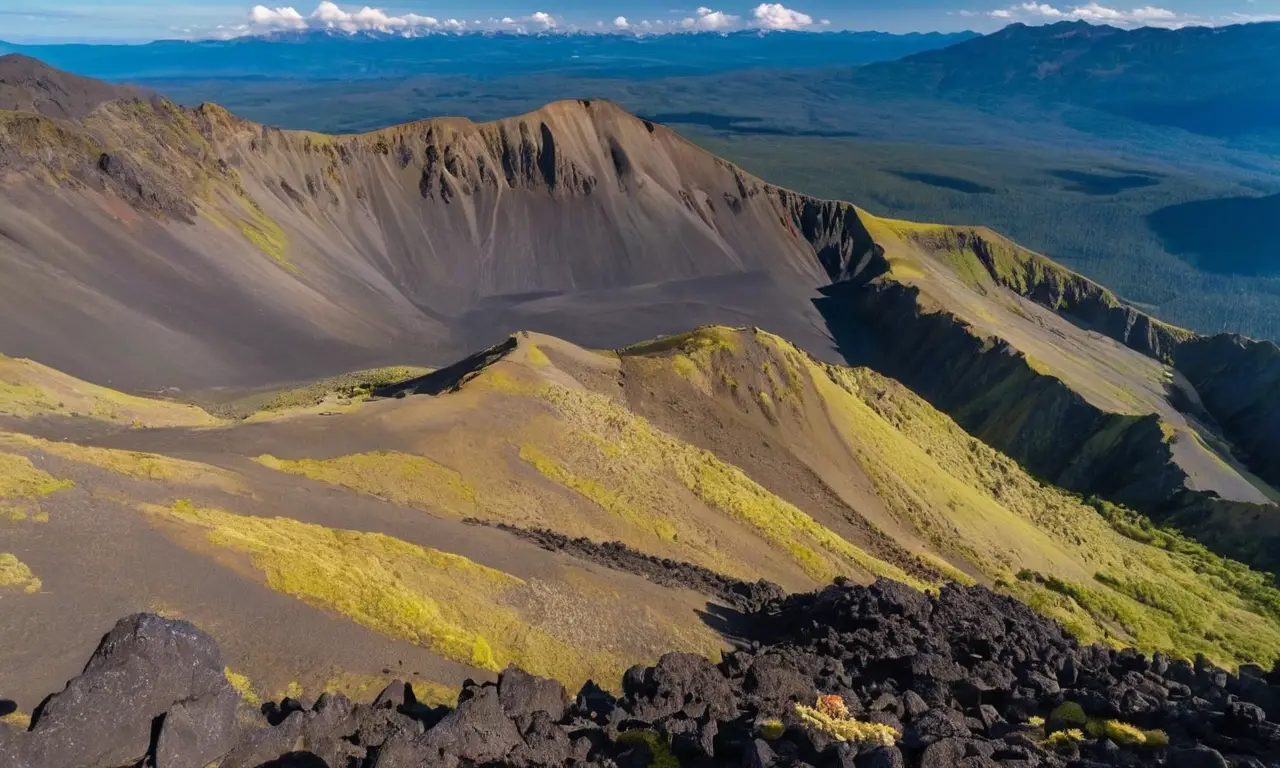 Montaña volcánica imponente con vegetación y lava