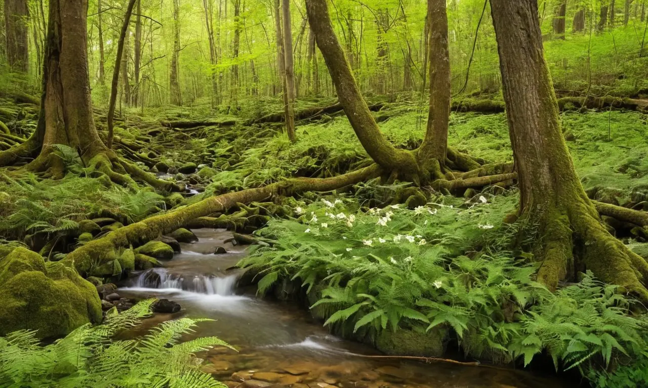 Bosque vibrante con luz, flores y agua
