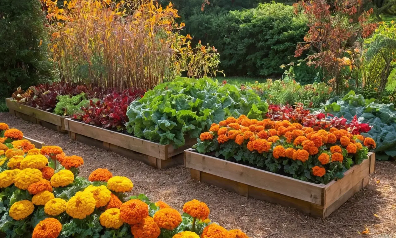 Jardín otoñal vibrante con cultivos coloridos