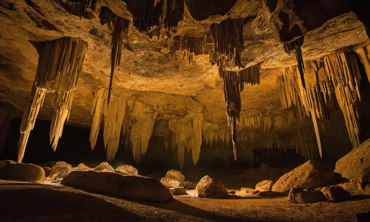 Cueva oscura con estalactitas y estalagmitas