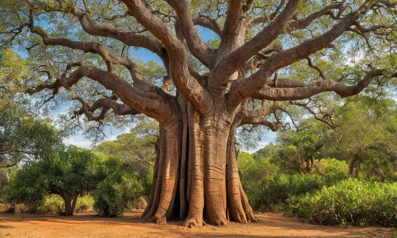 Gigante baobab destaca en paisaje tropical