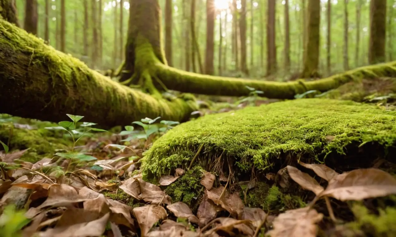 Bosque iluminado con vida y plástico degradándose