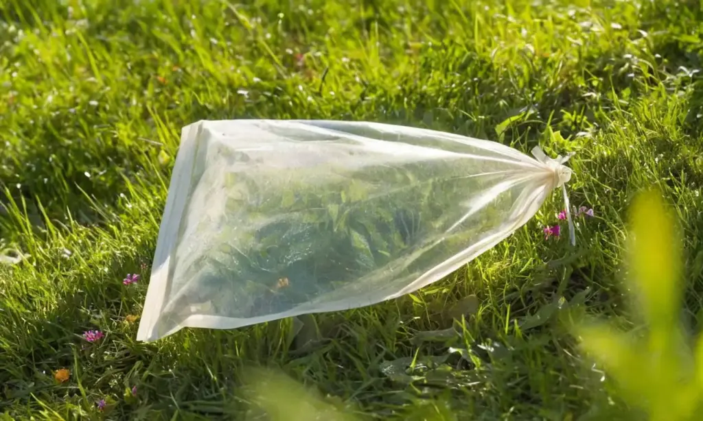 Bolsa biodegradable sobre hierba iluminada