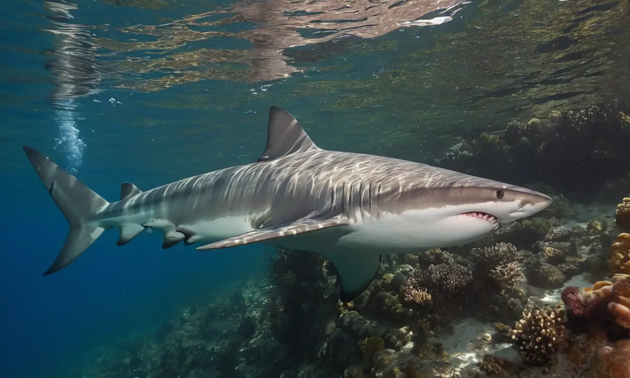 Escena oceánica con tiburón y corales vibrantes