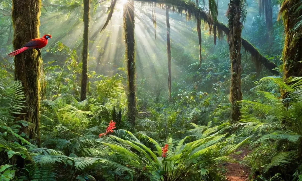 Selva vibrante con quetzal y detalles informativos
