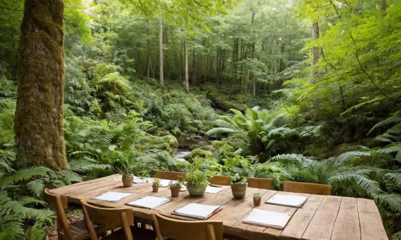 Bosque verde con personas planificando una aventura