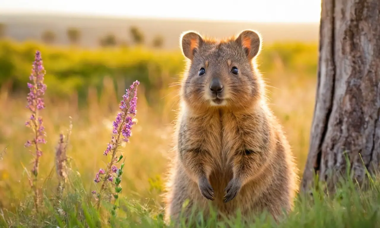 Quokka alegre en un hermoso paisaje natural