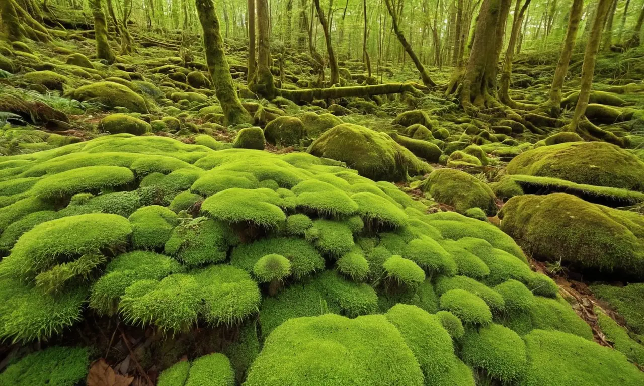 Bosque vibrante con musgo y luz filtrada