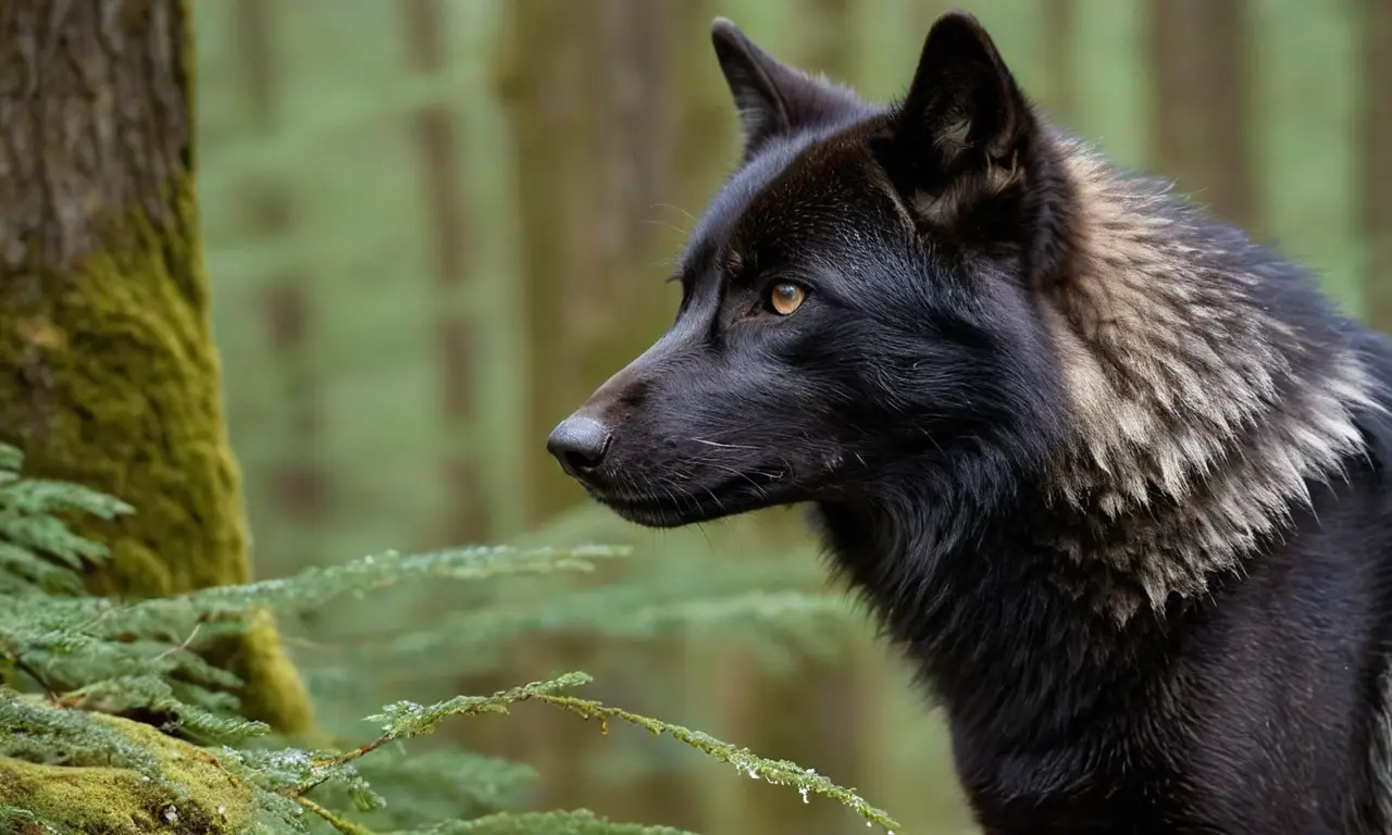 Lobo negro robusto en un bosque nevado