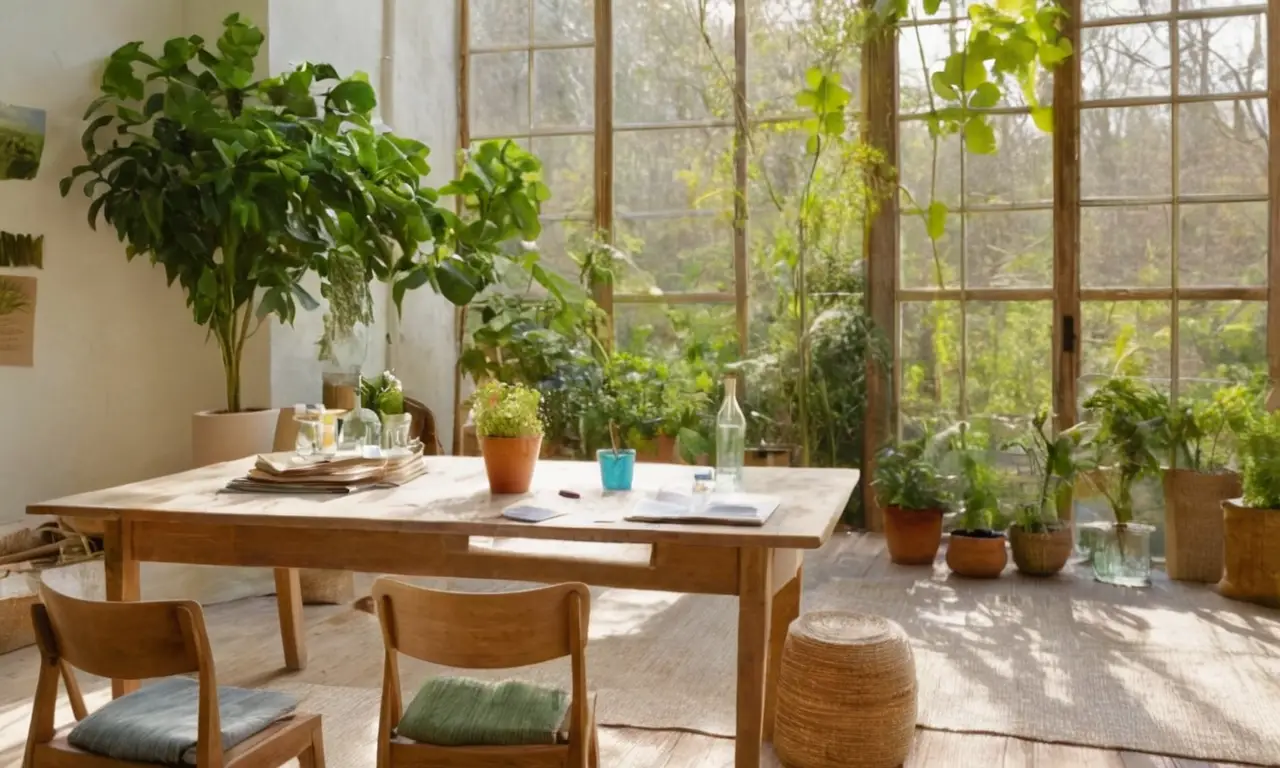 Habitación iluminada y sostenible llena de naturaleza