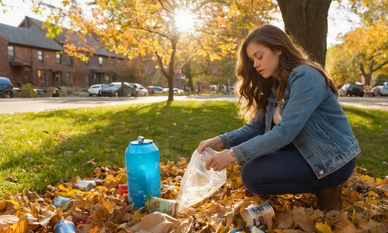 Escena de parque con niña recogiendo basura