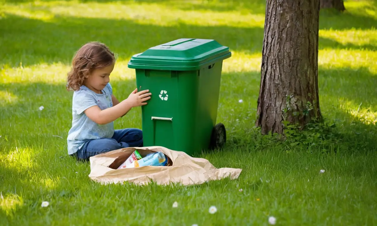 Escena de parque con niño y reciclaje