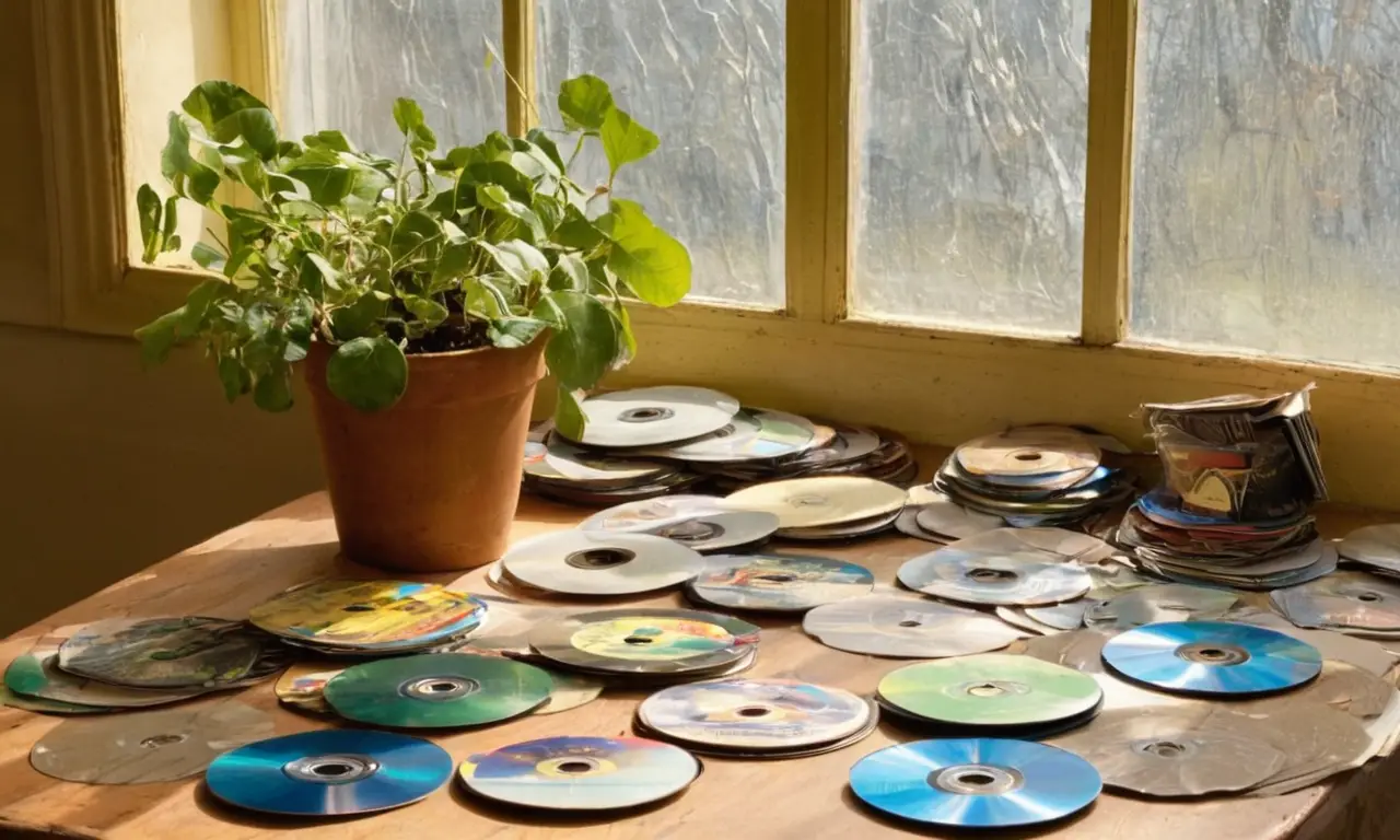 Escritorio desordenado con discos y reciclaje