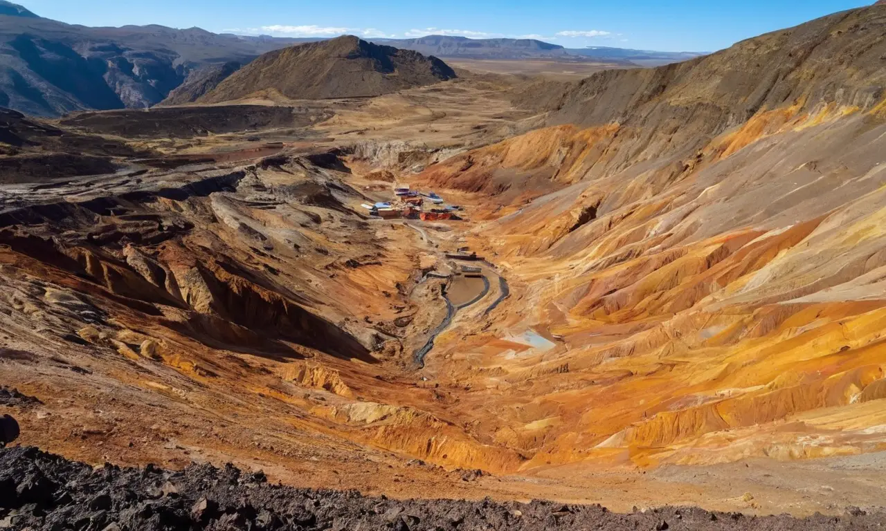Minería a cielo abierto con maquinaria y erosión