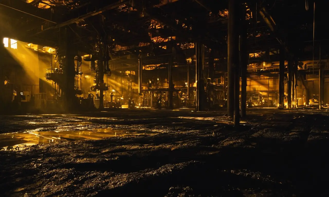 Ambiente industrial oscuro con carbón y maquinaria