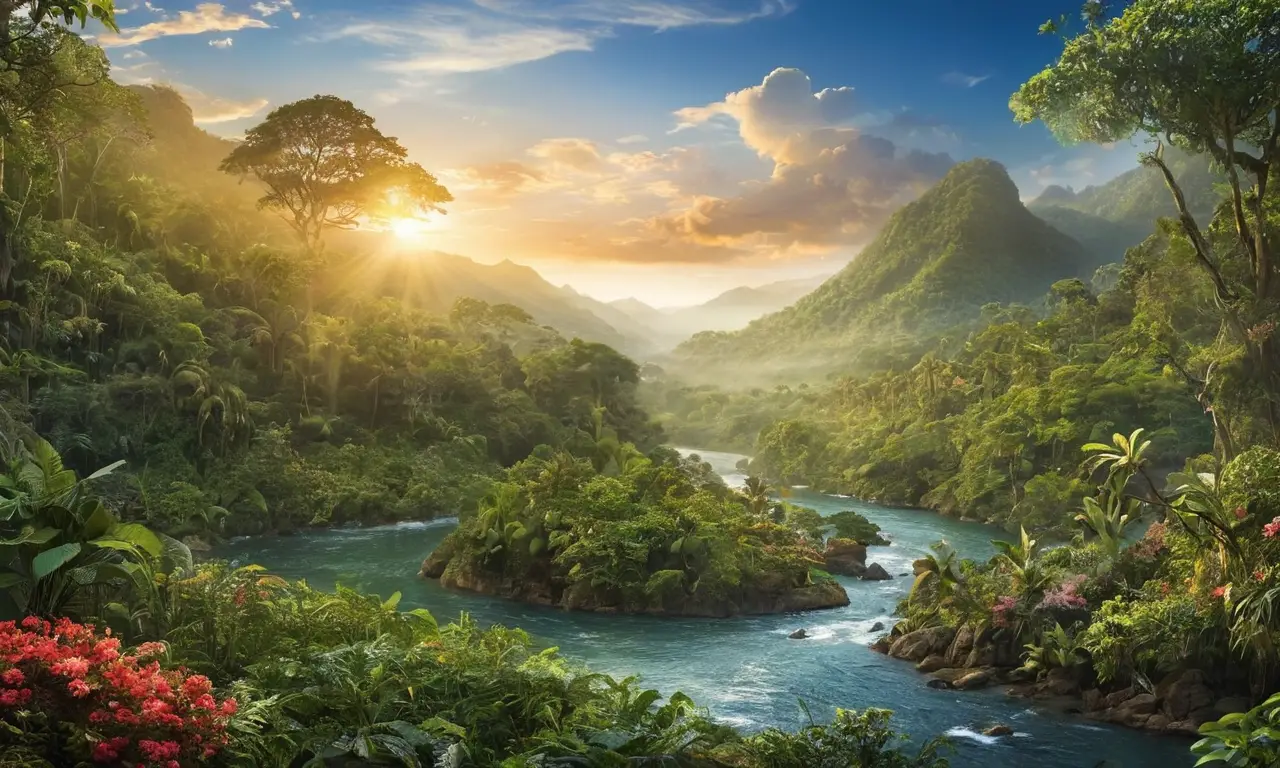 Selva vibrante con luz, agua y vida