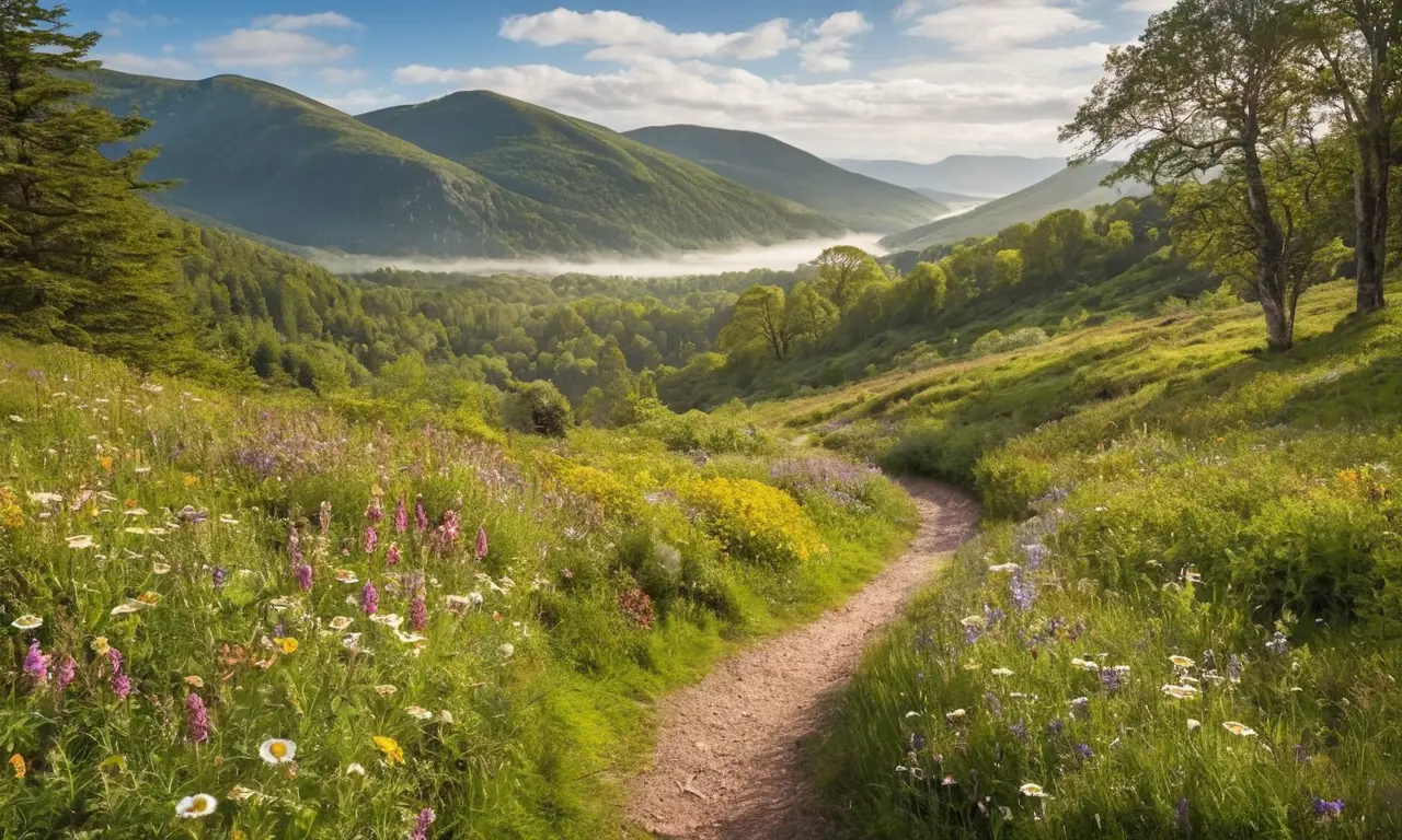 Bosque verde con ríos, flores y tranquilidad