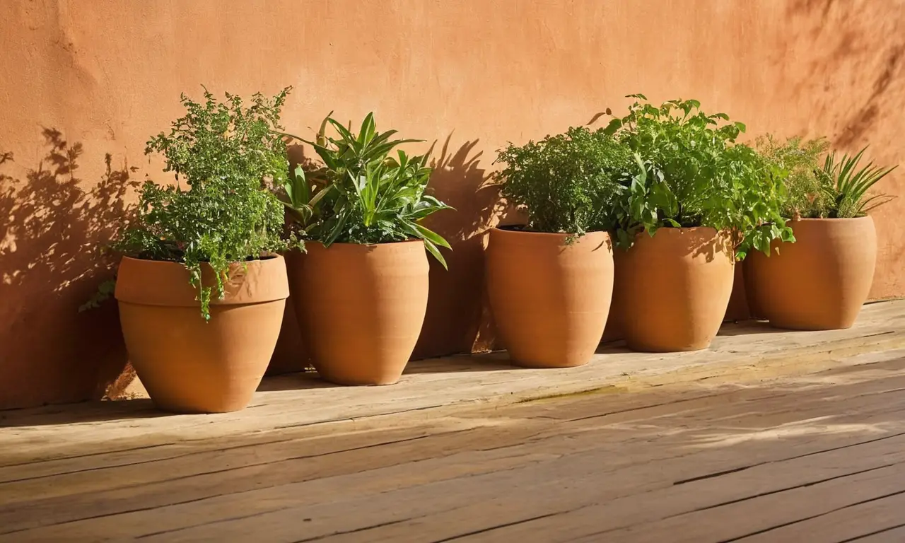 Macetas de terracota con plantas vibrantes
