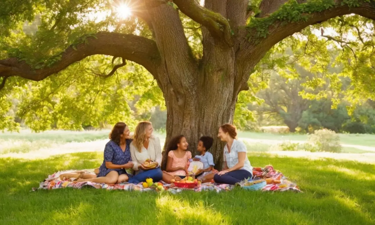 Reunión familiar alegre bajo un árbol