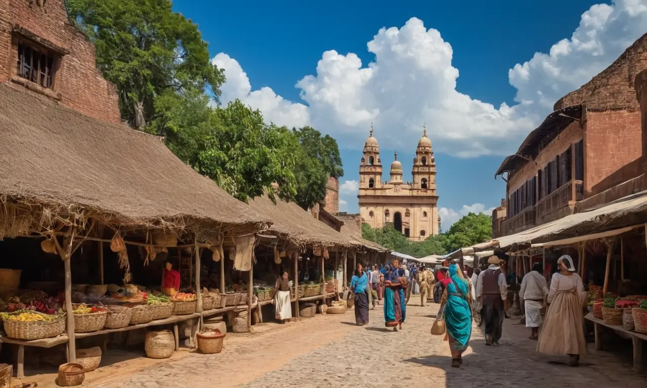 Un bullicioso mercado colonial lleno de vida