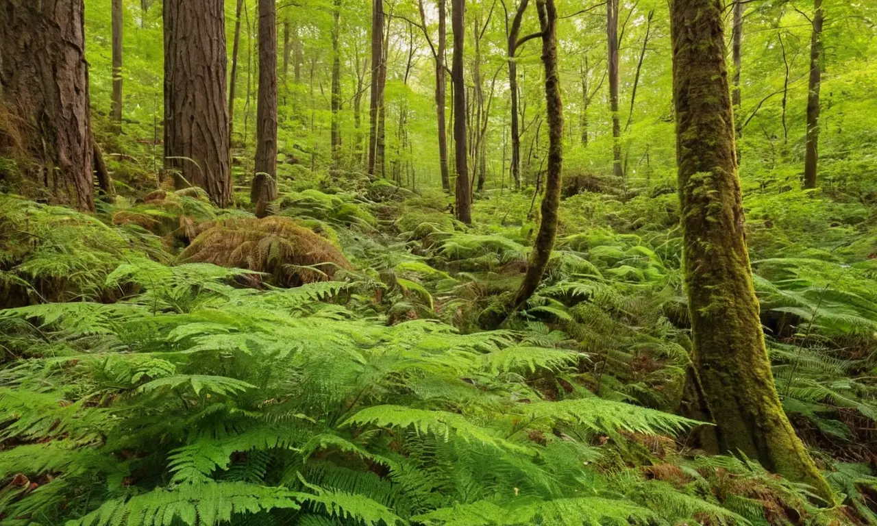 Bosque verde vibrante con flores y sombras
