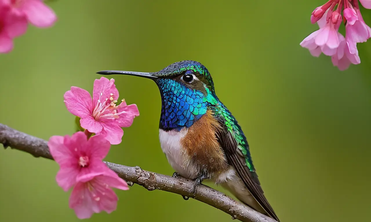 Colibrí iridiscente sobre rama florecida